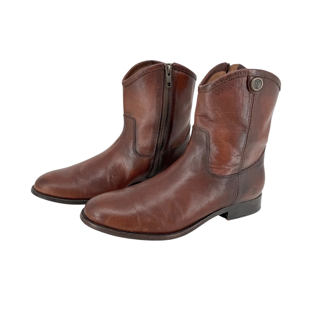 Frye Melissa Short Cognac Brown Leather Western Ankle Boots Womens 8.5 Side Zip